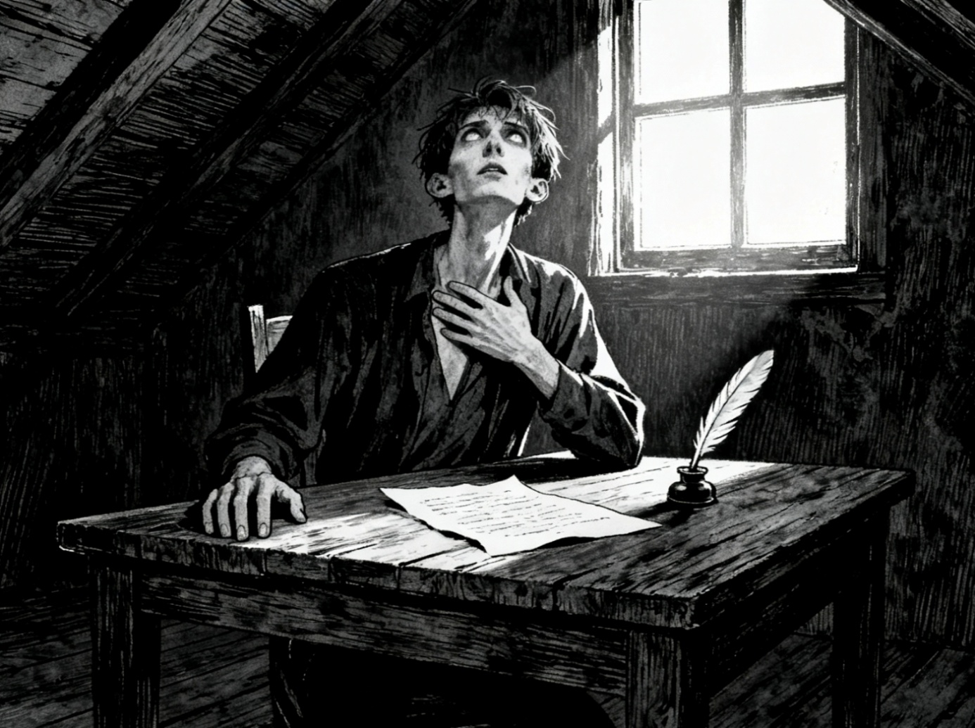 Schwarzweiße Illustration: Ein bleicher Mann sitzt mit Feder und Papieren an einem Tisch, während ein Rabe auf der Fensteröffnung hinter ihm hockt.