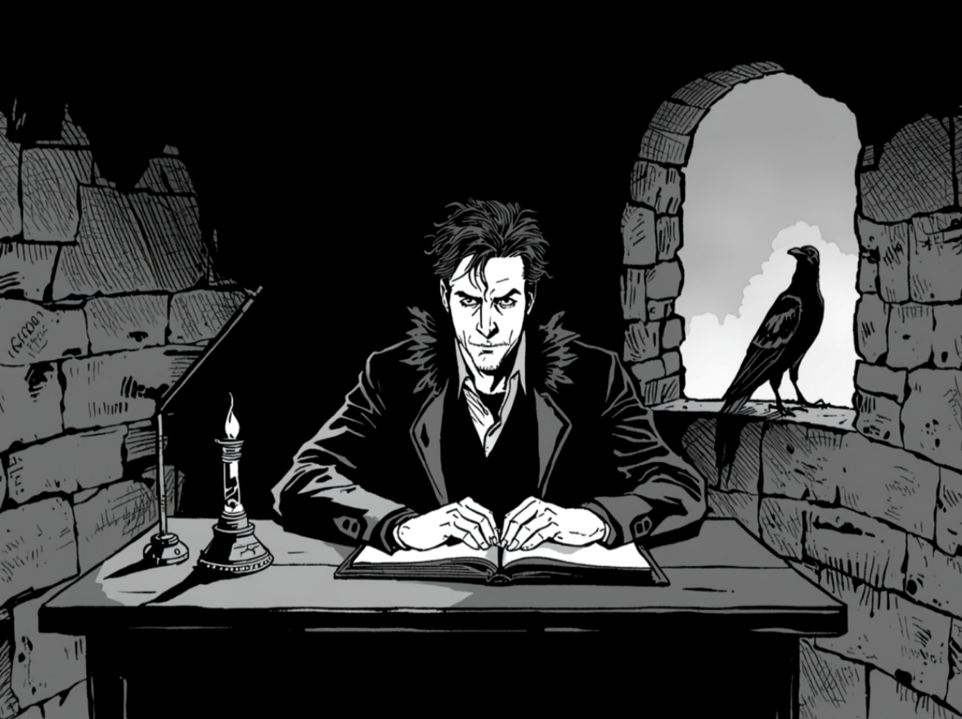 Schwarzweiße Illustration: Korvas sitzt mit Papieren an einem Tisch im Rabenturm; ein schwarzer Rabe hockt in der Fensteröffnung.