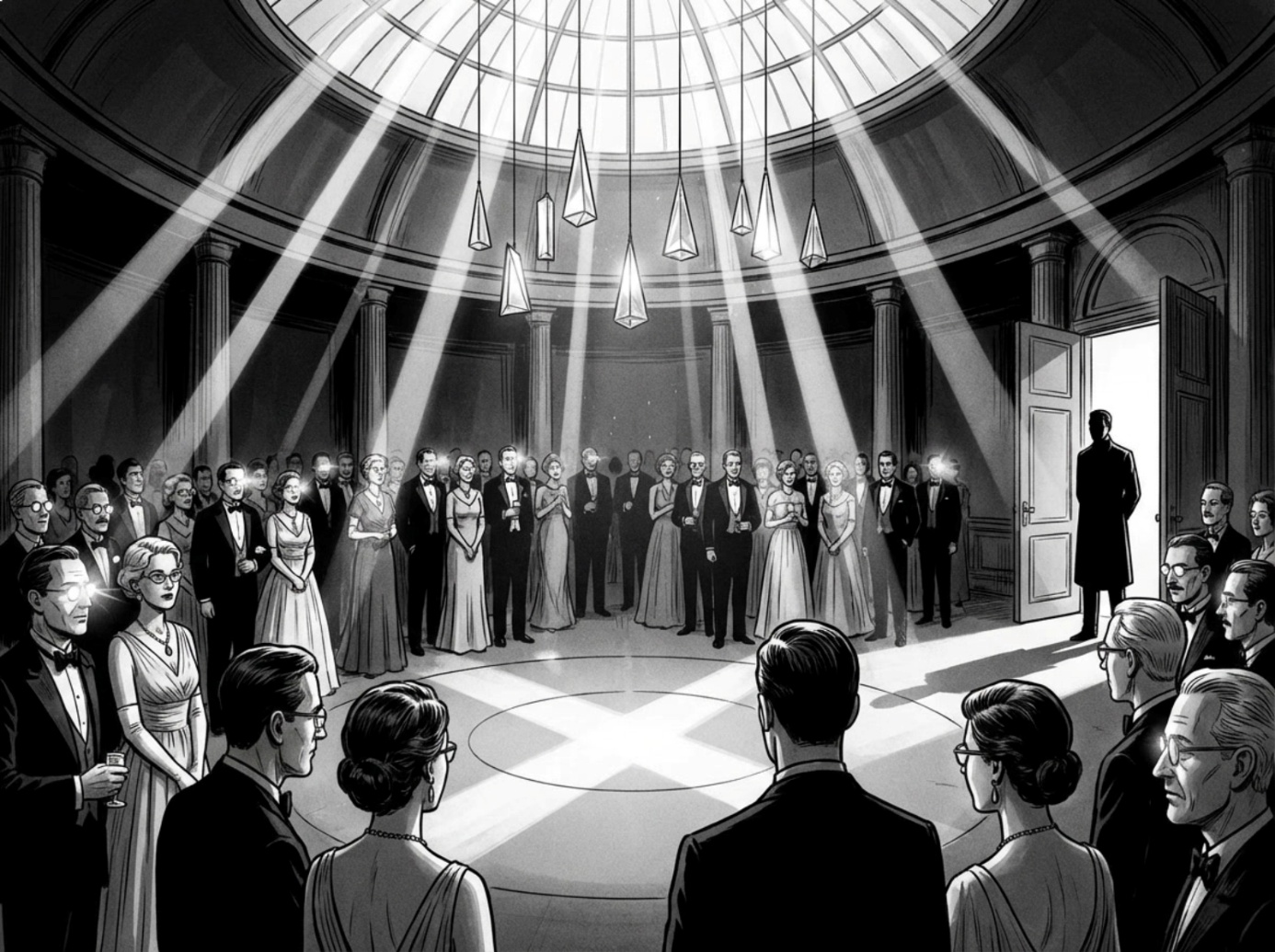 Schwarzweiße Illustration: Festlich gekleidete Menschen stehen im Kreis unter einem gläsernen Kuppeldach, durch das schmale Lichtstrahlen fallen.